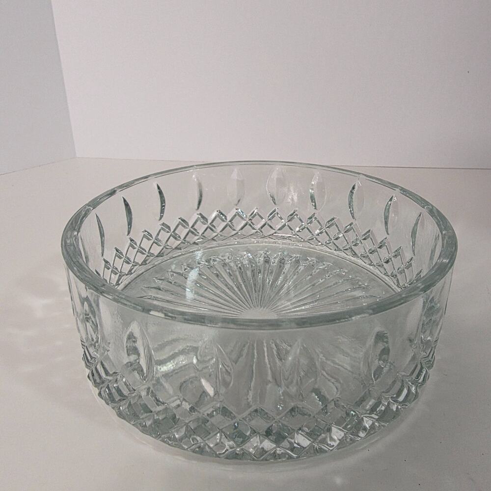 Vintage Clear Pressed Glass Serving Bowl Fleur De Lis Trellis Starburst